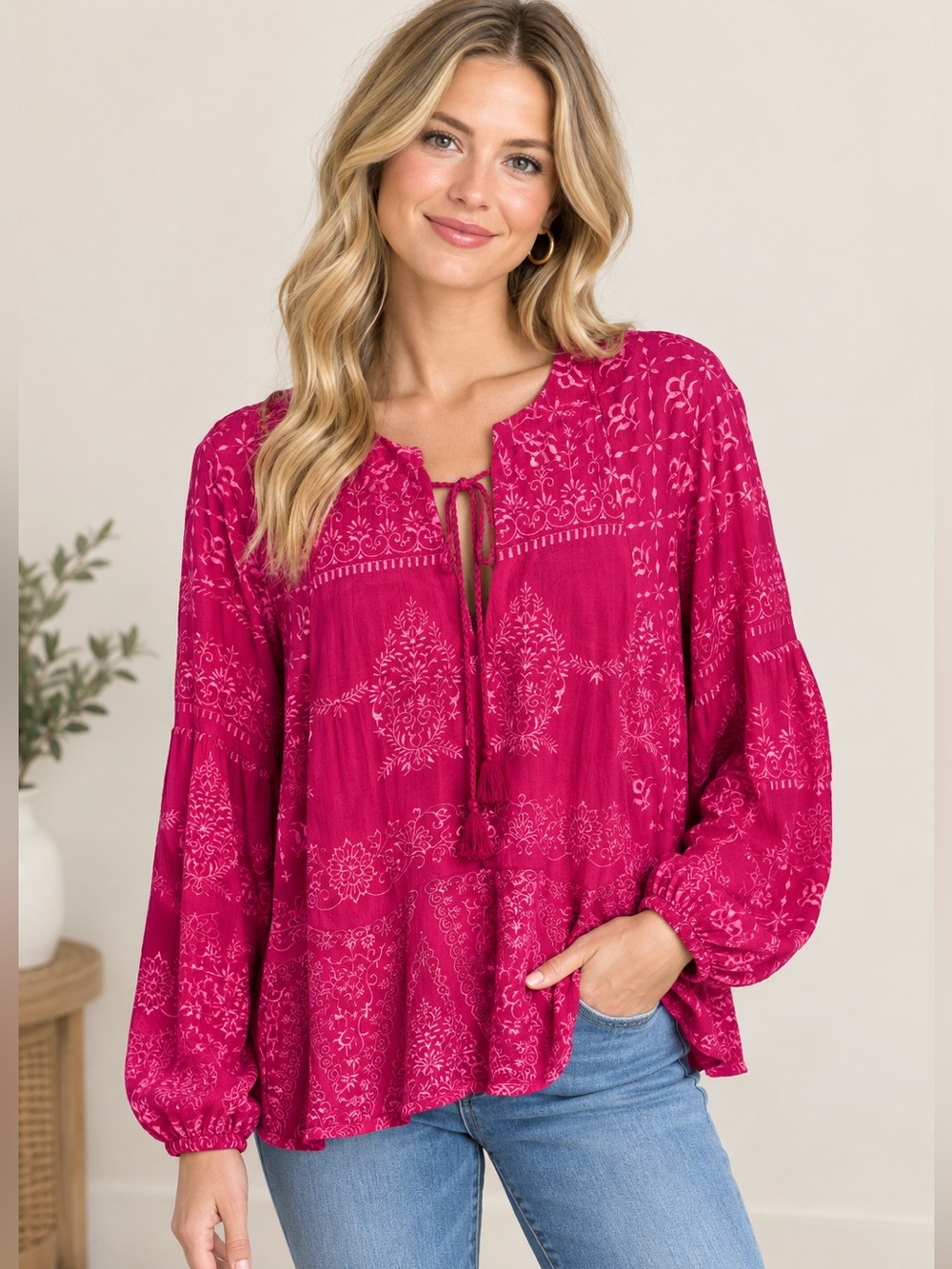 Hale Bob Fuchsia Embroidered Peasant Tunic with Tassel Ties Size XL
